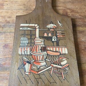 Vintage Enesco Wooden Cutting Board Wall Hanging with Stove Design